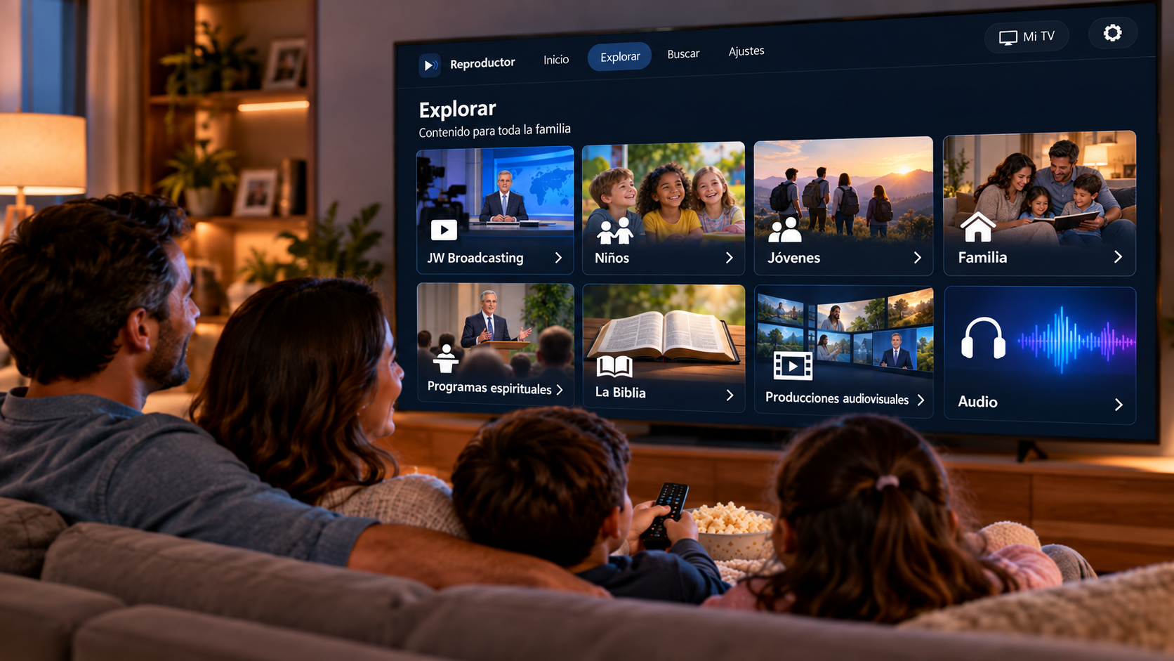 Family enjoying content in the living room